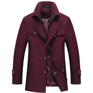 Men's Wine Wool Blend Coat Warm Winter Trench Coat With Detachable Soft Scarf